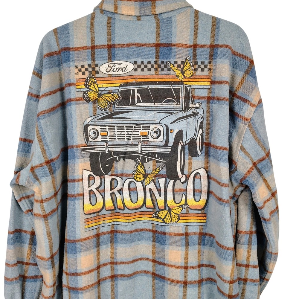 Ford Womens XXL Bronco Graphic Flannel Shirt Blue Plaid Butterfly Gorpcore Retro